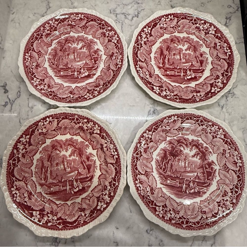 Mason pink vista Red and White ironstone antique Plates Set 4 dinner plates